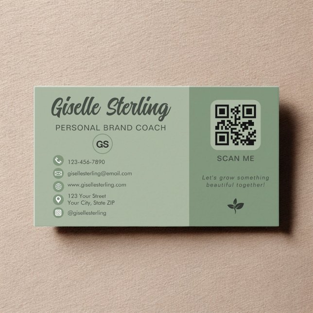 Sage-Grün QR-Code-Monogramm Social Media  Visitenkarte (Von Creator hochgeladen)