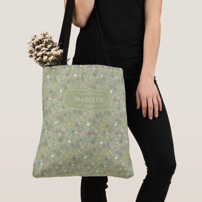 Sage Grün Rosa Weiße Blumen Florales Boho-Muster (Von Nahem)