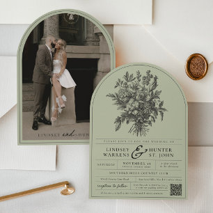 Sage Grün Vintage Floral Foto Bogen Hochzeit Einladung