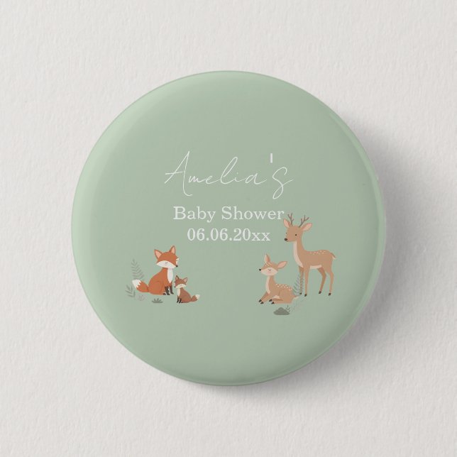 Sage Grün Waldtier Baby Shower Button (Vorderseite)