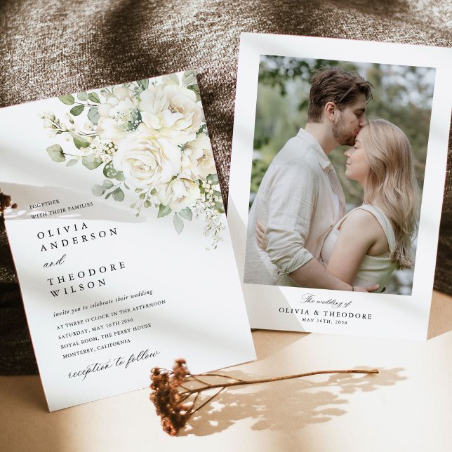Sage Grün Weiße Blumen Eleganter Foto Hintergrund  Einladung (Sage green white floral photo back watercolor wedding invitation card set, front and back design)