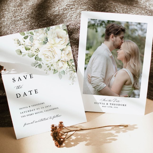 Sage Grün Weiße Florale Foto Hochzeit Save The Date (Sage green white floral watercolor photo save the date wedding card, front and back design)