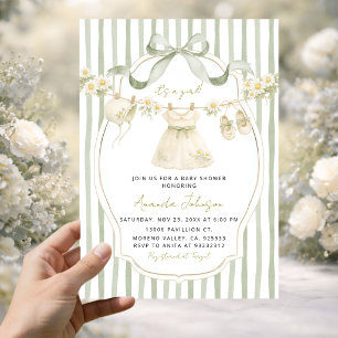 Sage-Grüne Gänseblümchen-Wäscheleine-Baby-Shower-E Einladung