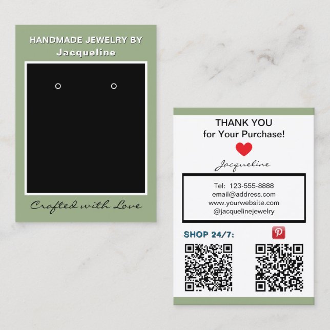 Sage-Grüne Schmuck-Ohrringe QR-Codes Visitenkarte (Vorne/Hinten)