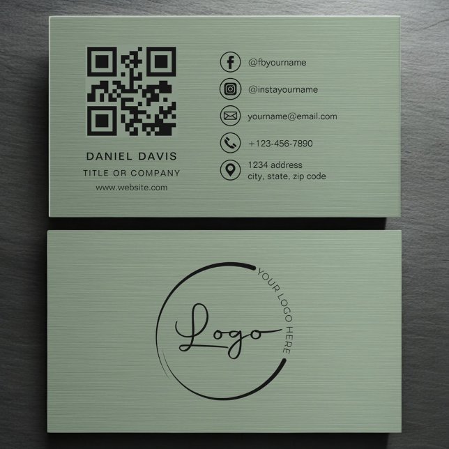 Sage-Grüner Metallischer Firmenlogo-QR-Code  Visitenkarte (Von Creator hochgeladen)