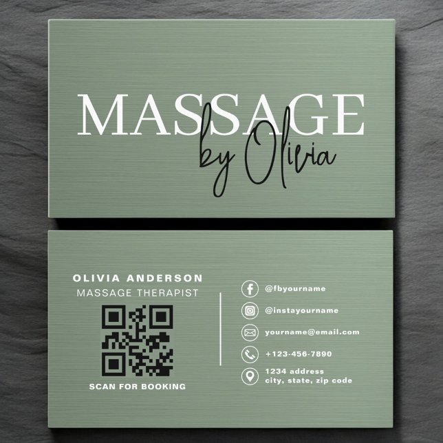 Sage-Grüner Metallischer QR-Code für Massagetherap Visitenkarte (Von Creator hochgeladen)