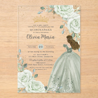 Sage Grünes Blumenprinzessinnenkleid Quinceañera Q Acryleinladungen