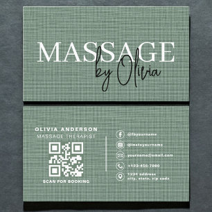 Sage-Grünes-Leinen-Massagetherapeut-QR-Code  Visitenkarte