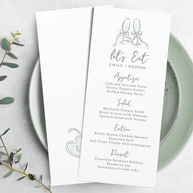 Sage Hand Drawn Cheers Glasses Whimsical Wedding Menükarte (Sage Hand Drawn Cheers Glasses Whimsical Wedding Menu)