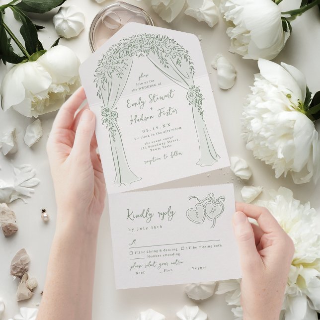 Sage Hand Drawn Floral Arch Whimsical Wedding All In One Einladung (Sage Hand Drawn Floral Arch Whimsical Wedding All In One Invitation)