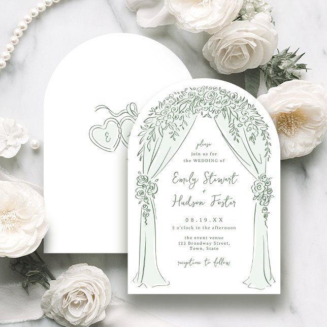 Sage Hand Drawn Floral Arch Whimsical Wedding Einladung (Sage Hand Drawn Floral Arch Whimsical Wedding Invitation)