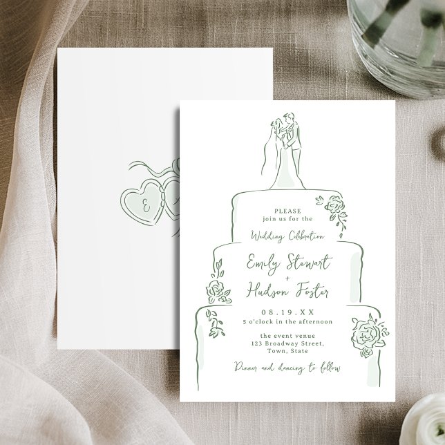 Sage Hand Drawn Wedding Cake Whimsical Einladung (Sage Hand Drawn Wedding Cake Whimsical Invitation)