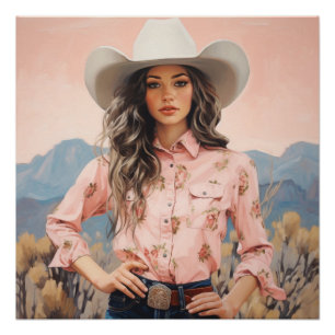 Sage in Coral: Cowgirl Wall Art Poster