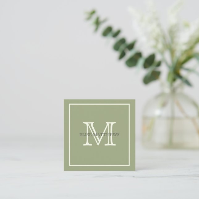 Sage & Ivory Custom Monogram Quadratische Visitenkarte (Stehend Vorderseite)