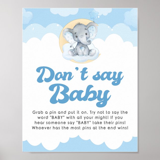Sage kein Baby Blue Elephant Baby Shower Game Sign Poster (Vorne)