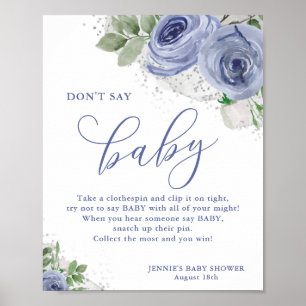 Sage kein Baby Blue Silver Floral Baby Shower Game Poster