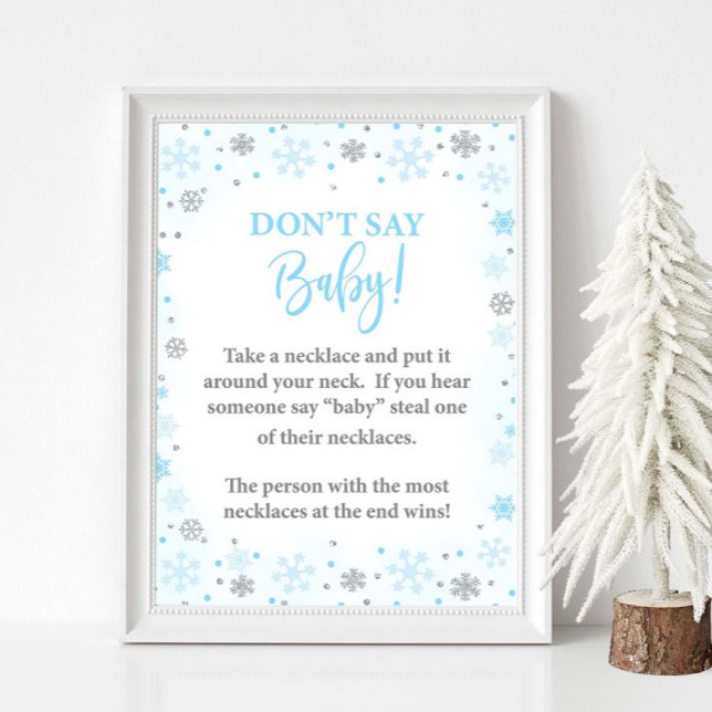 Sage kein Baby Winter Blue Duwer Game Sign Poster (Don't Say Baby Winter Baby Shower Game Sign, Blue & Silver Glitter Snowflakes, Necklace Version)