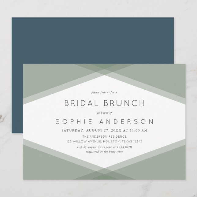 Sage Layered Geometric & Blue Slate Bridal Brunch Einladung (Vorne/Hinten)