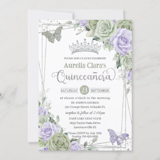 Sage Lila Blumenschmetterlinge Silver Quinceanera Einladung