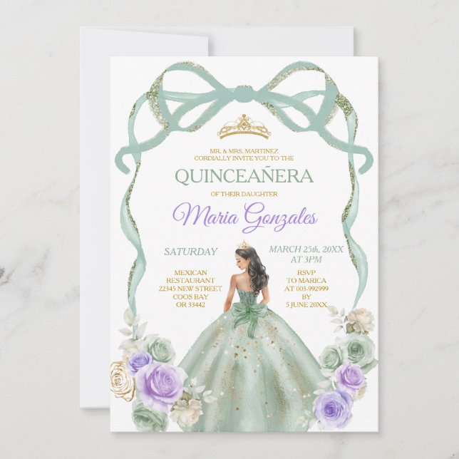 Sage Lila Bow Princess Gold Crown Quinceañera Einladung (Vorderseite)