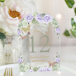 Sage Lilac Floral Gold Quinceñera 16 Tischnummern