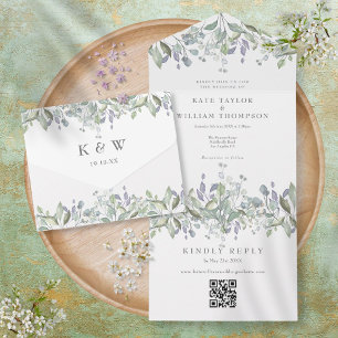 Sage Lilac Floral Monogram QR Code Wedding All In One Einladung