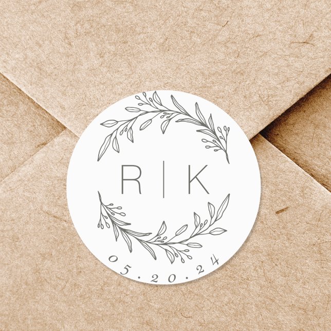 Sage Line Art Botanisches Wraath Wedding Monogram Runder Aufkleber (Von Creator hochgeladen)