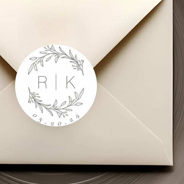 Sage Line Art Botanisches Wraath Wedding Monogram Runder Aufkleber (Von Creator hochgeladen)