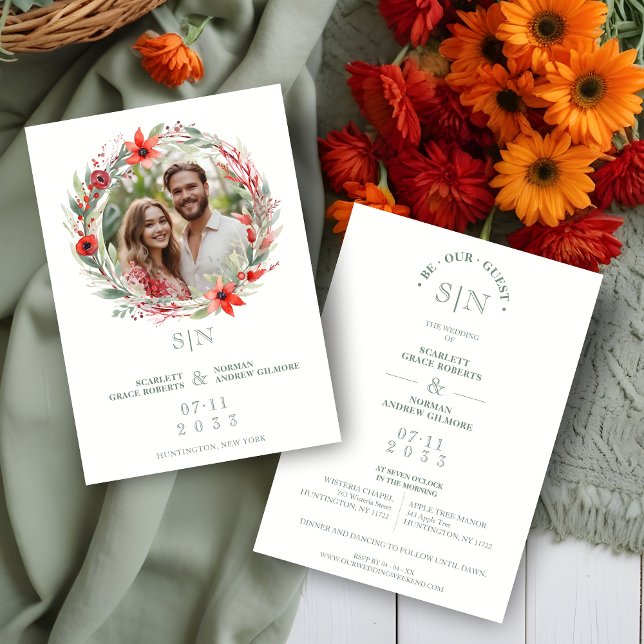 Sage Luxury Initials Floral Red Shades Round Photo Einladung (Sage Luxury Initials Floral Wreath Red Shades Round Photo Wedding Invitation Card.)