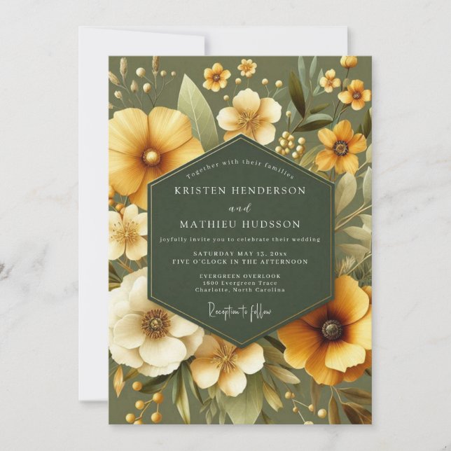 Sage Marigold Florale Hochzeit Einladung (Vorderseite)