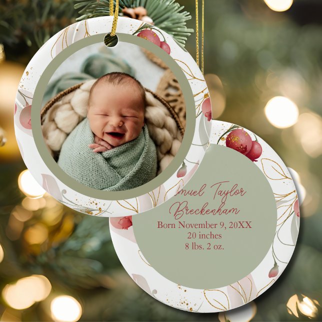 Sage Mauve Watercolor Botanical Baby Photo Keramik Ornament (Von Creator hochgeladen)