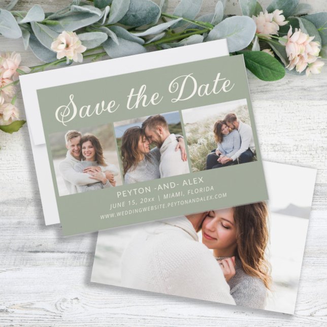 Sage Mint Green 4-Foto 2-seitige Hochzeitsstimme R Save The Date (Sage green 4-photo wedding Save the Date card)