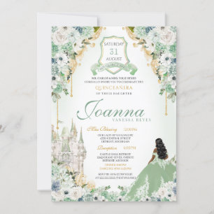 Sage Mint Green & Gold Royal Princess Quinceanera Einladung