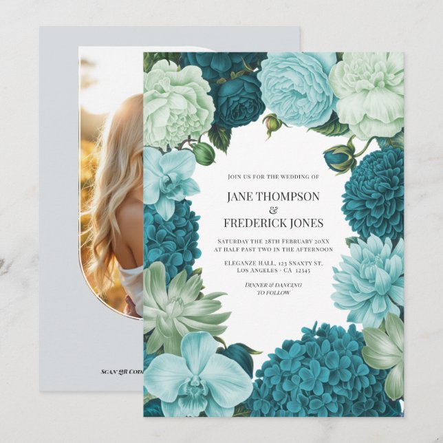 Sage Mint, Ocean Teal & Ice Bluebell Wedding Einladung (Vorne/Hinten)