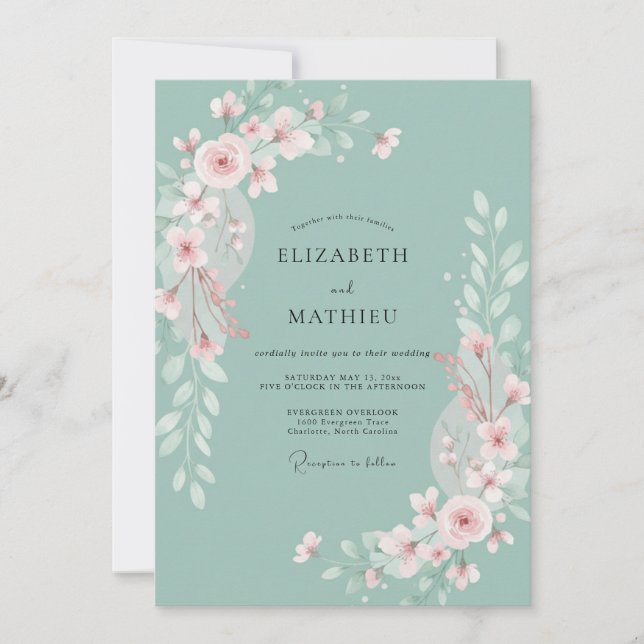 Sage Misty Flora Hochzeit Einladung (Vorderseite)