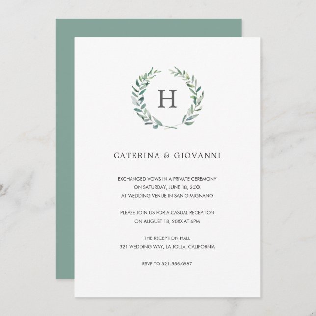 Sage Monogram Greenery Rustic Wedding Reception Einladung (Vorne/Hinten)