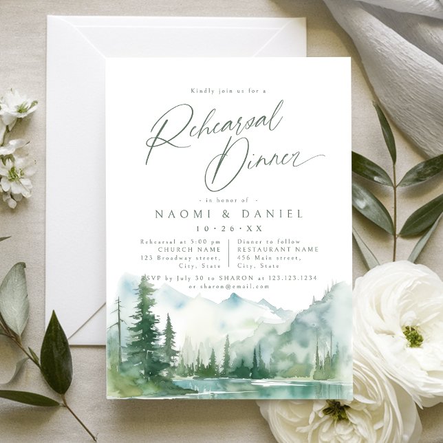 Sage Mountain Forest Rustic Rehearsal Dinner Einladung (Sage Mountain Forest Rustic Rehearsal Dinner Invitation)