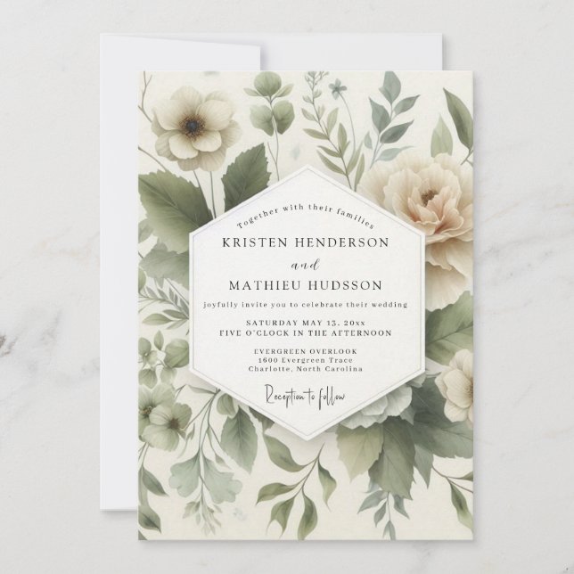 Sage Muted Flora Wedding Einladung (Vorderseite)
