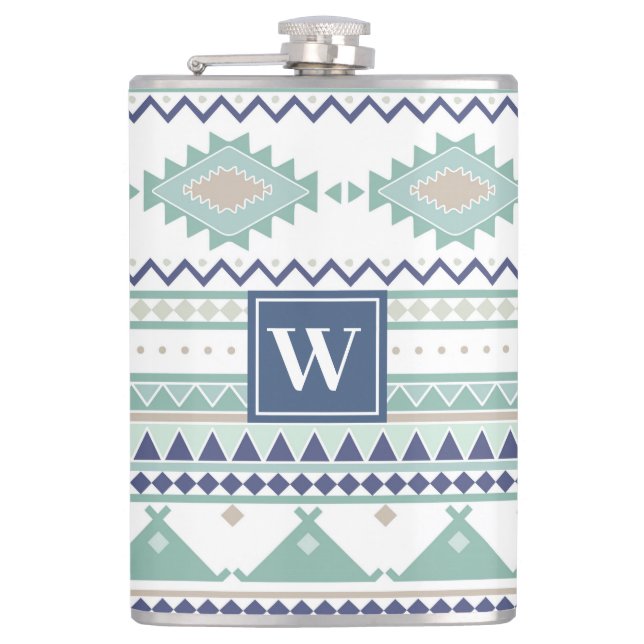 Sage & Navy Blue Native American Pattern Flachmann (Vorderseite)