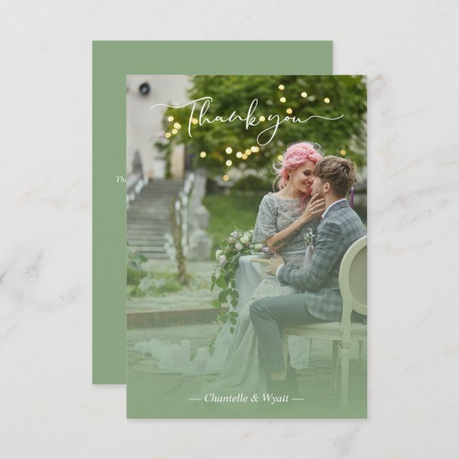 Sage Newlyweds Photo Simple Calligraphy Script Dankeskarte (Vorne/Hinten)