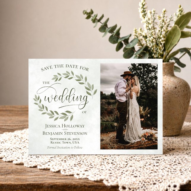 Sage & Olive Green Blätter & Foto Rustikale Hochze Save The Date (Von Creator hochgeladen)
