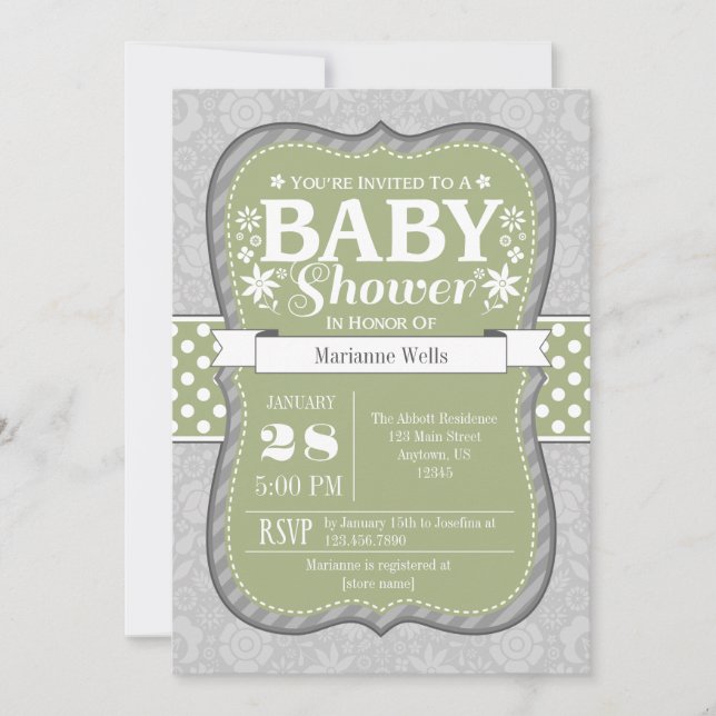 Sage Olive Green Gray Floral Baby Dusche laden Einladung (Vorderseite)
