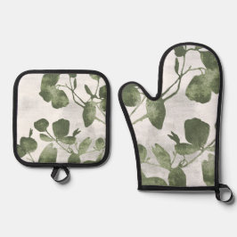Sage Olive Green Painterly Botanical Art 02 Ofenhandschuh & Topflappen-Set