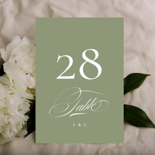 Sage on White Elegant Calligraphy Wedding Tischnummer