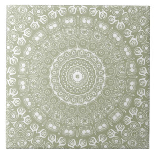 Sage on White Mandala Kaleidoskop Medallion Fliese