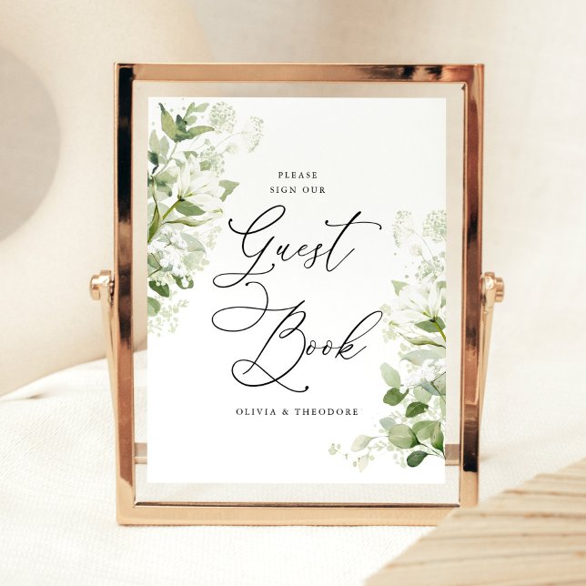 Sage Organic Greenery Guest Book Wedding Table Sockelschild (Sage green guest book wedding sign with organic greenery watercolor botanical florals displayed)