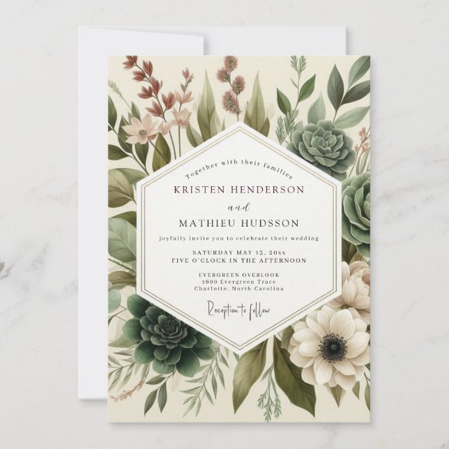 Sage Painterly Succulent Wedding Einladung (Vorderseite)