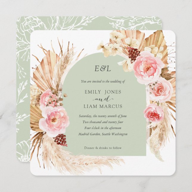 Sage Pampas Grass Boho Hochzeit am Floralen Platz Einladung (Vorne/Hinten)