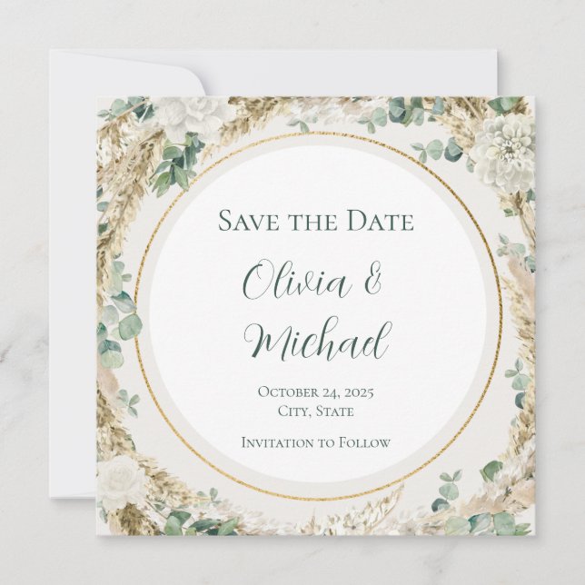 Sage Pampas Grass Save the Date | Personalisierbar (Vorderseite)