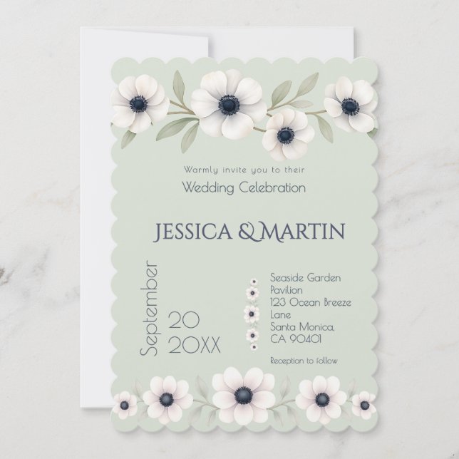 Sage Pastel Blue Ivory Anemone Timeless Wedding Einladung (Vorderseite)